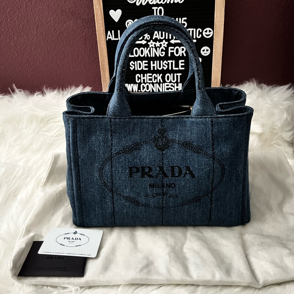 Prada Small Denim Canapa Logo Tote Bleu